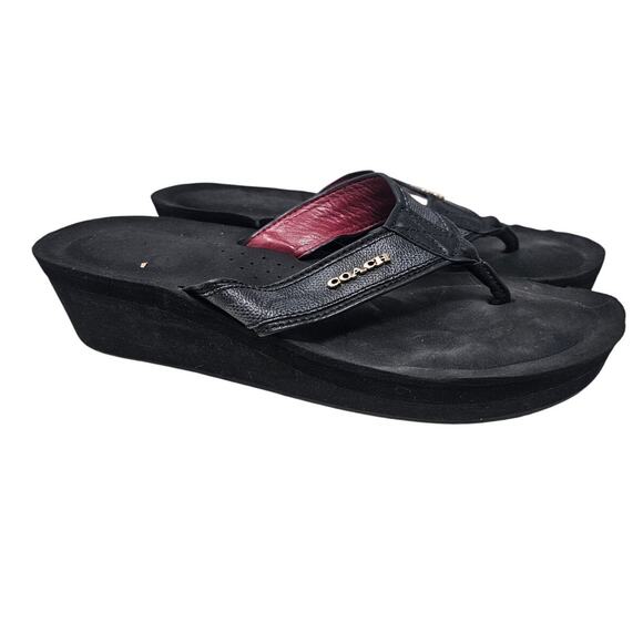 Coach 39.5 Black Leather Thong Flip Flop Wedge Casual Signature Print Coastal - Picture 1 of 4